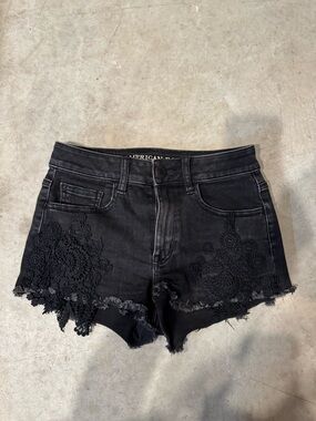 American Eagle Outfitters Black Denim Shorts with Lace Appliqué